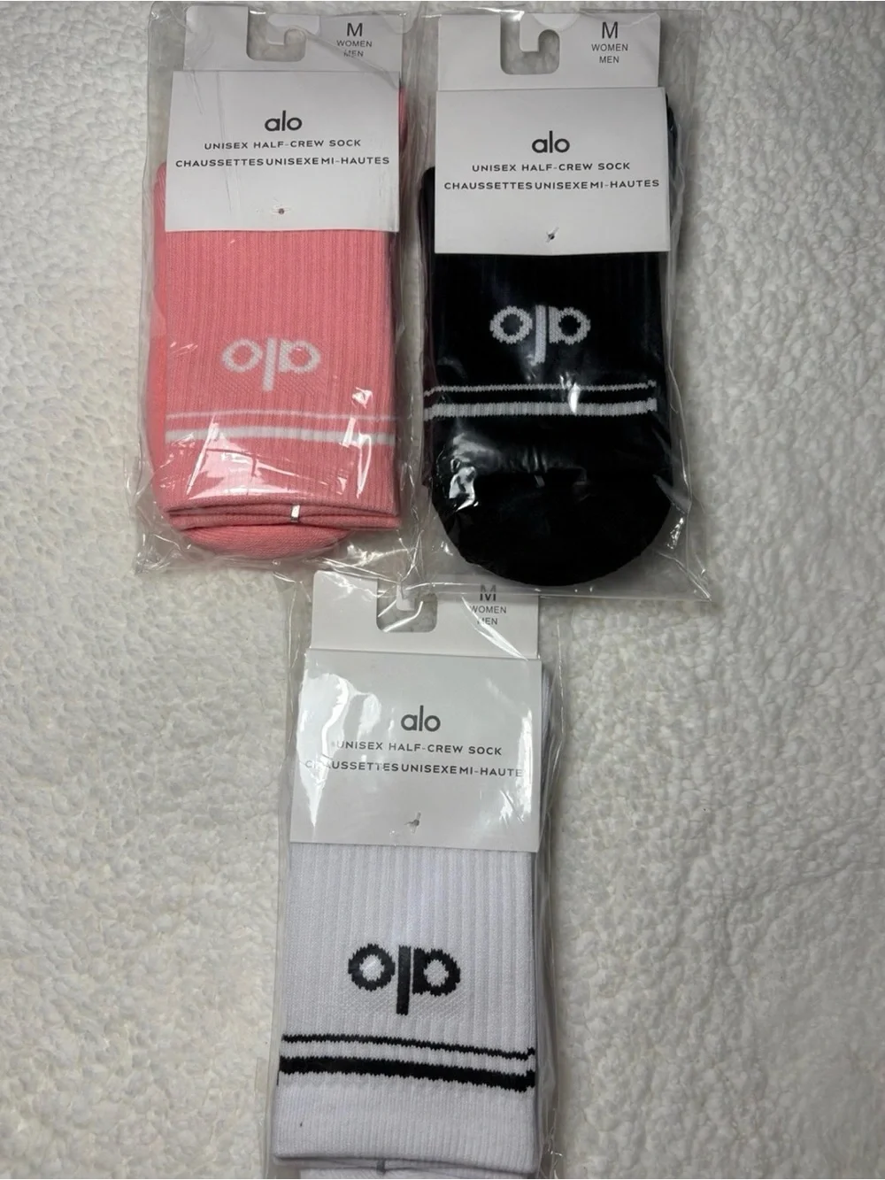 ALO Yoga Unisex Half-Crew Socks in Pink, Black, White - 3-Pack
